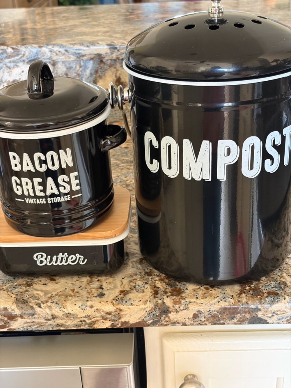 Deep Blue Enamel Compost, Bacon Grease Pot and Butter Container - Vintage Style